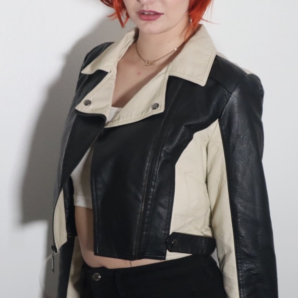Black/Cream Color Block Cropped Leather Jacket - Picture 3 of 6
